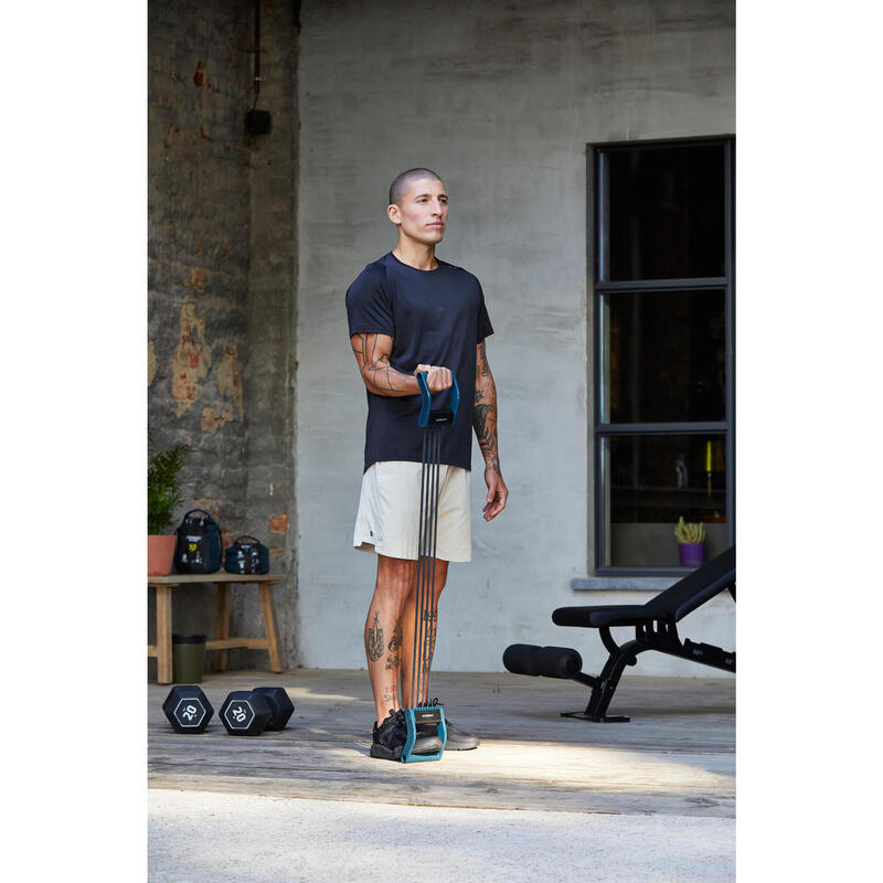 Fitness elastiek chest expander regelbaar van 5 tot 25 kg zwart en blauw