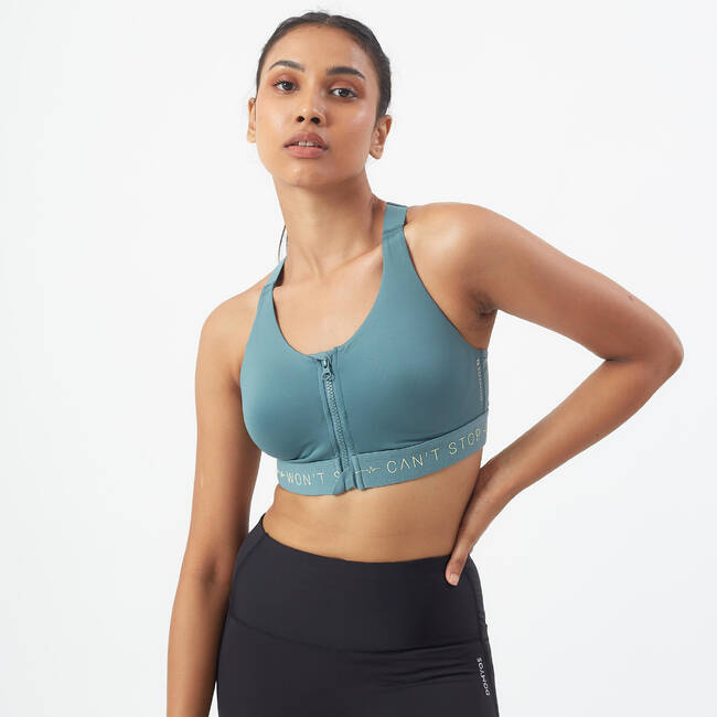 Decathlon Sports India - Women's High-Support Front Zip Fitness Sports Bra  - Print We are passionate about cardio fitness and designed this product  for high-impact cardio fitness activities. A sports bra with
