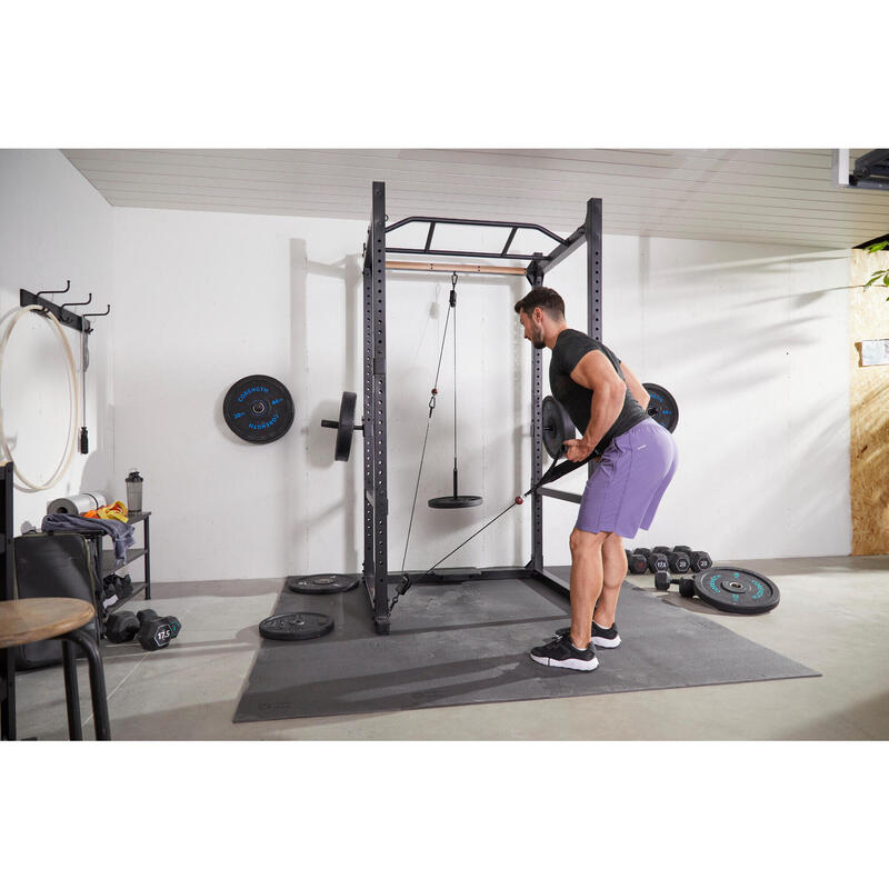 Station poulie de musculation avec barre de tirage, support disque et filet