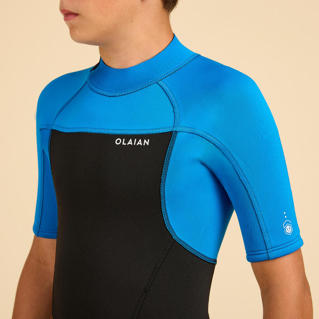 Bērnu īsais sērfošanas hidrotērps “500”, 1,5 mm neoprēns, zils, melns
