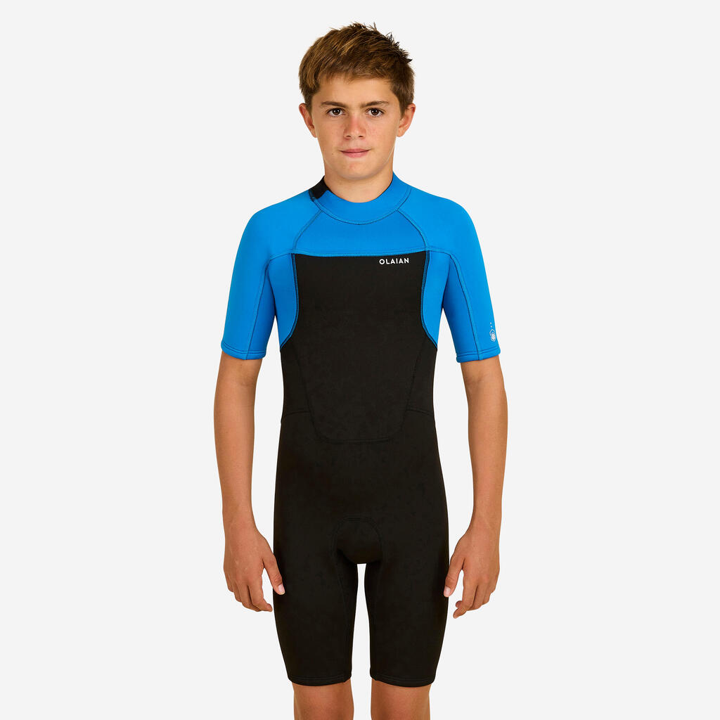 BOY'S SURFING 1.5 MM NEOPRENE SHORTY WETSUIT 500 BLUE BLACK