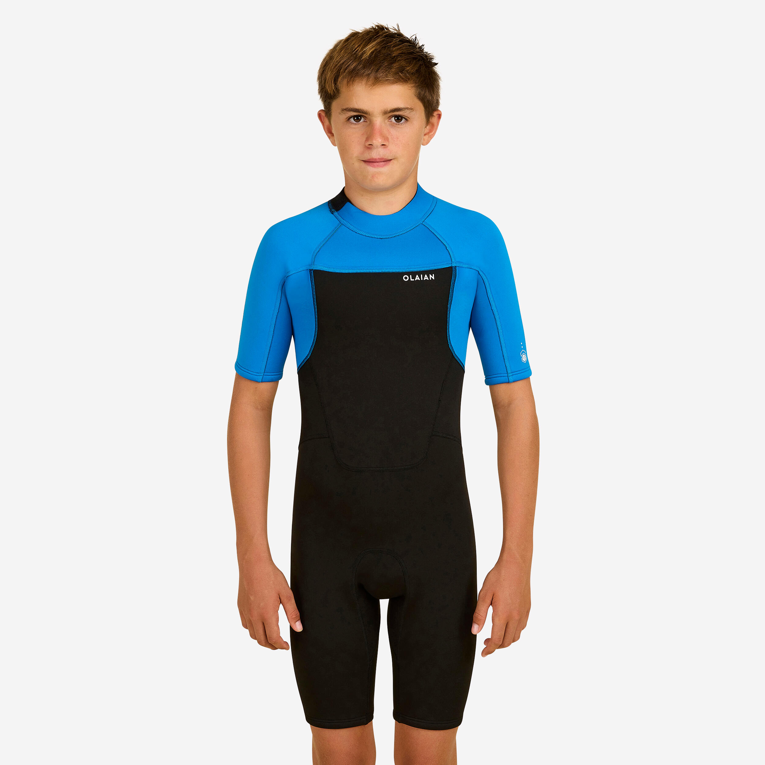 BOY’S SURFING 1.5 MM NEOPRENE SHORTY WETSUIT 500 BLUE BLACK