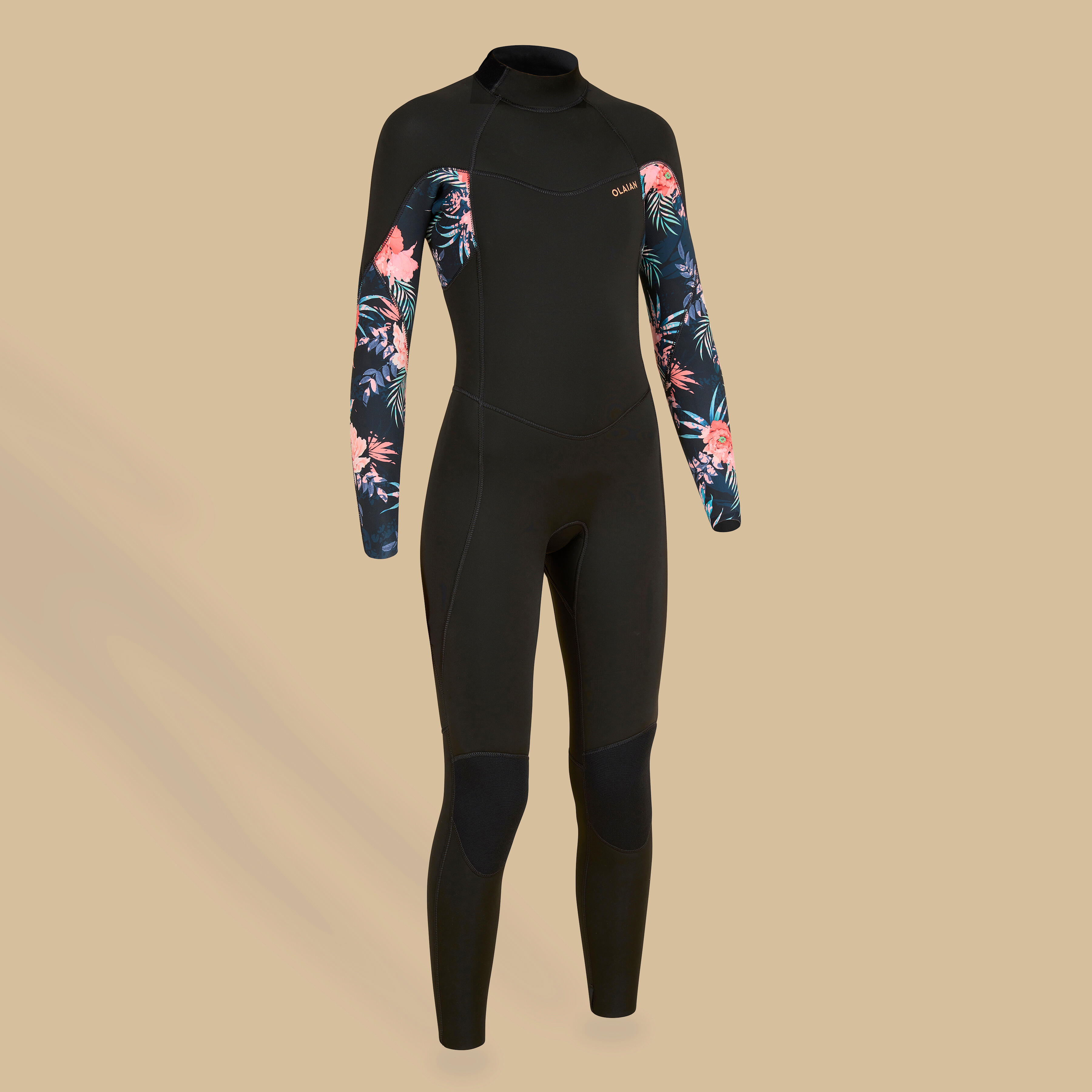 Decathlon | Muta surf ragazza 500 4/3 mm nera con fiori |  Olaian