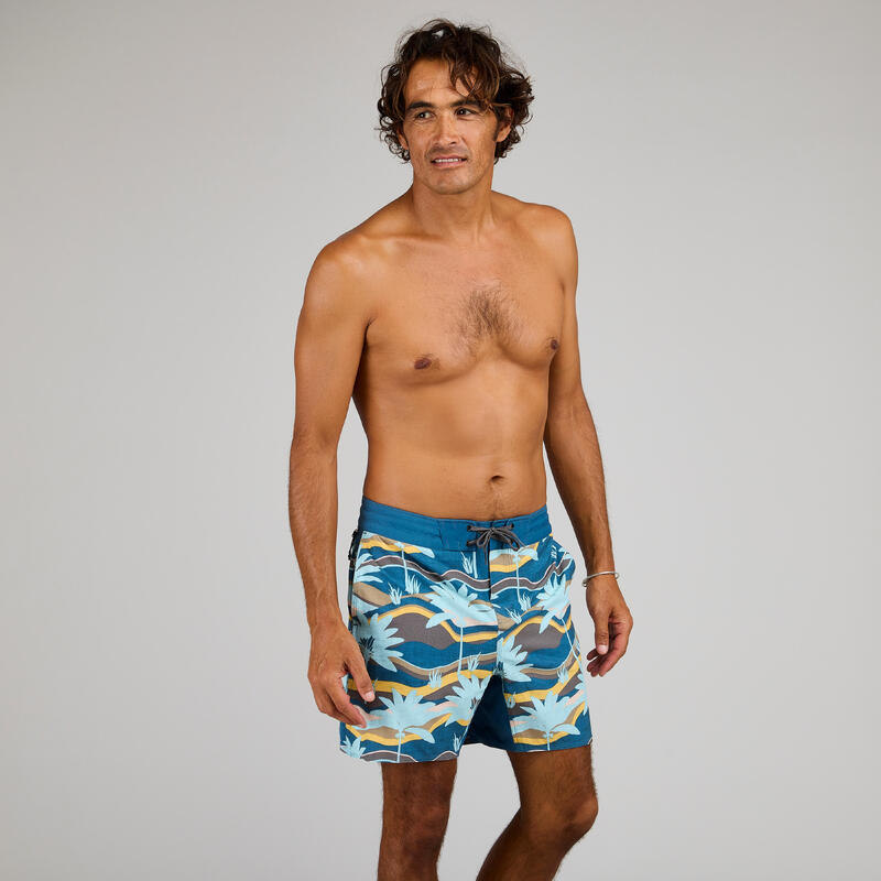 Erkek Orta 17" Deniz Şortu / Boardshort - Gri Palmiye Desenli - PALMERAIE 500