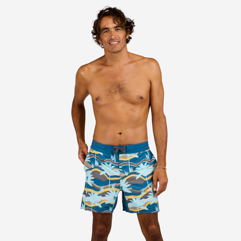 Erkek Orta 17" Deniz Şortu / Boardshort - Gri Palmiye Desenli - PALMERAIE 500