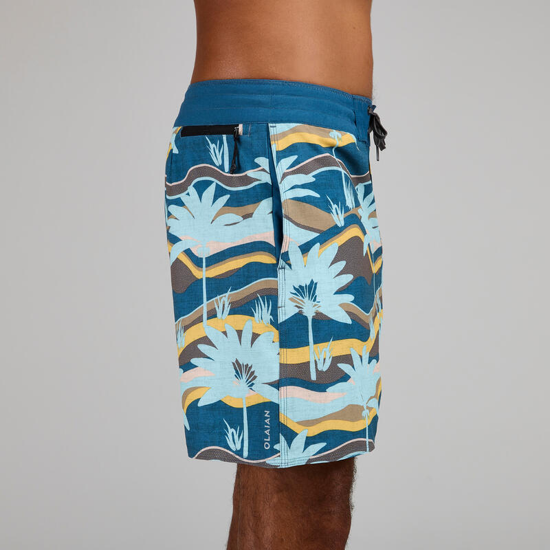 Erkek Orta 17" Deniz Şortu / Boardshort - Gri Palmiye Desenli - PALMERAIE 500