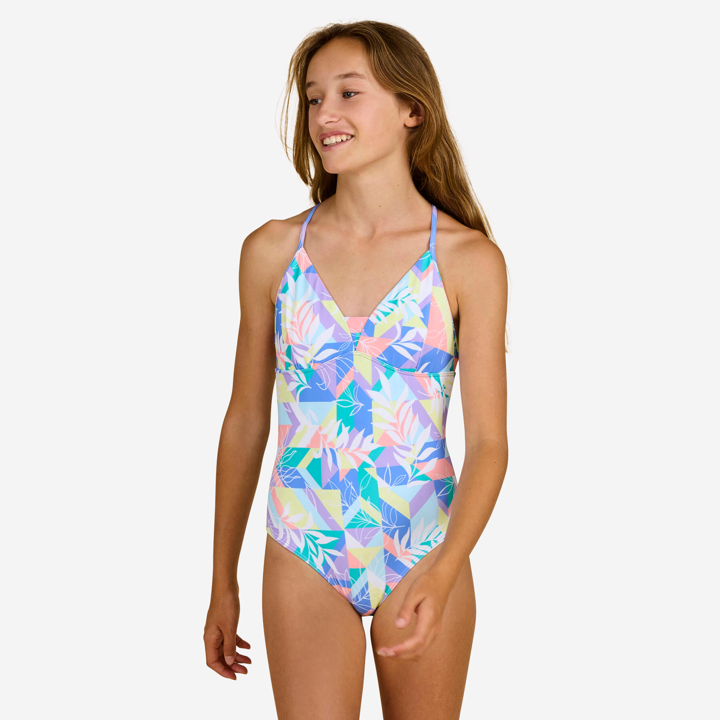 OLAIAN GIRL'S ONE-PIECE TRIANGLE SWIMSUIT 500 PURPLE