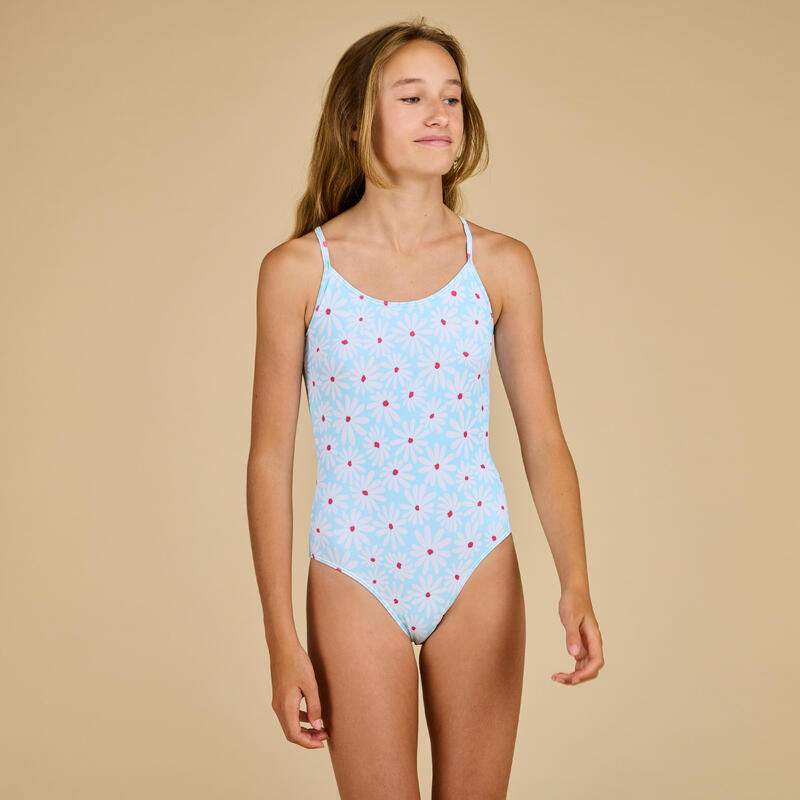 Badeanzug Einteiler Mädchen - 100 Margeriten azurblau
