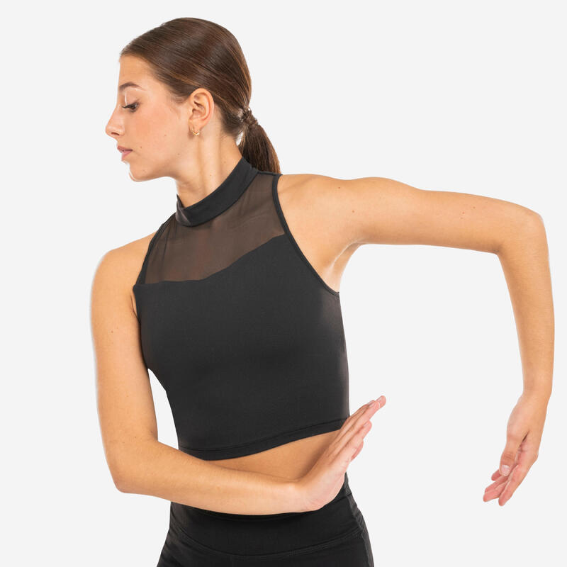 Crop top danse moderne, col montant avec brassière Femme - noir