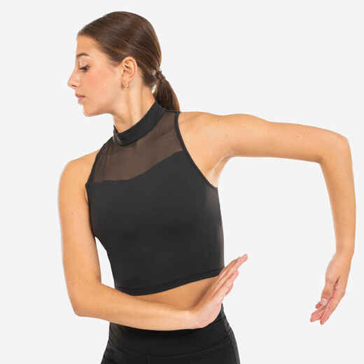 Women's Modern Dance High-Neck Crop Top with Bra - Black