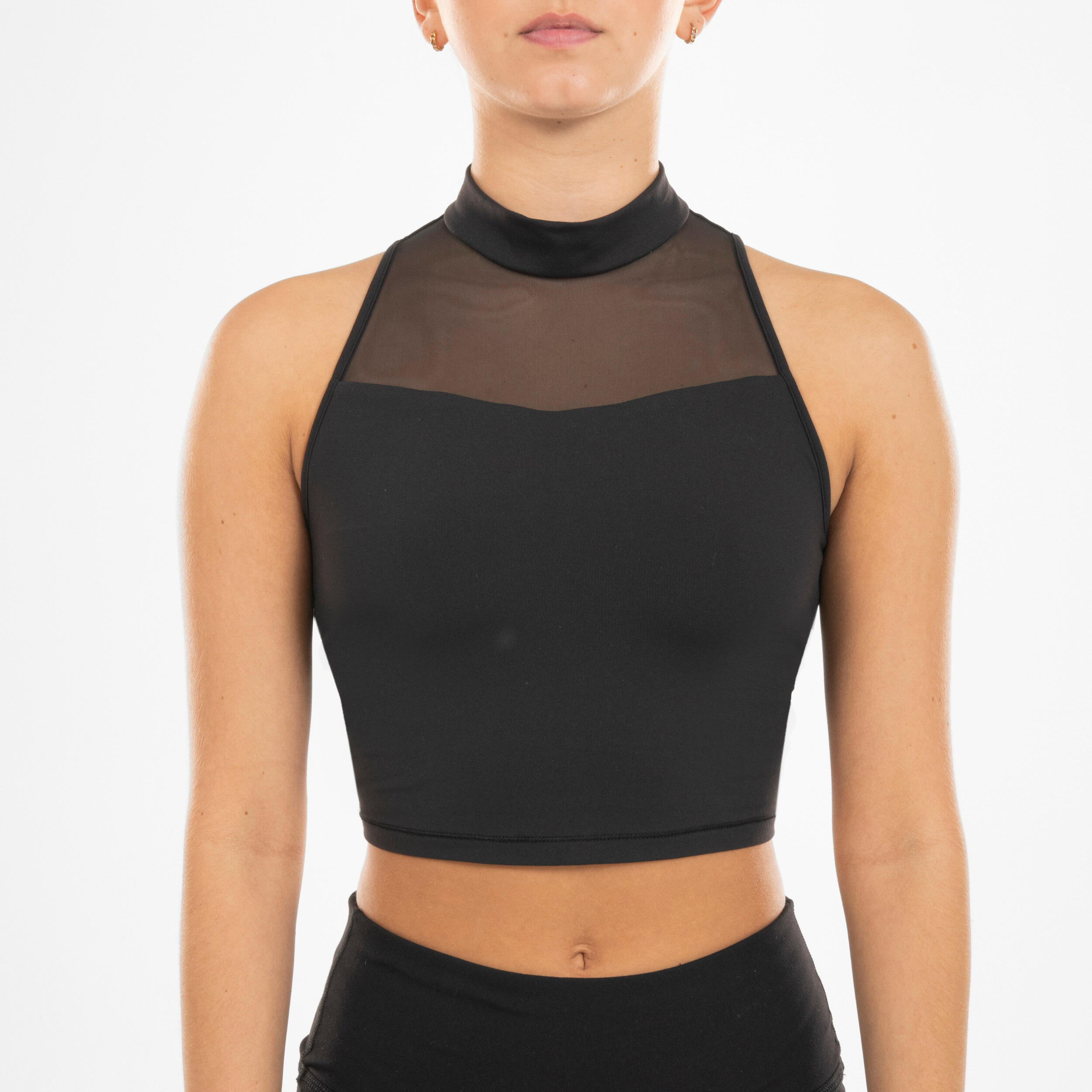 Women s Modern Dance High Neck Crop Top with Bra Black