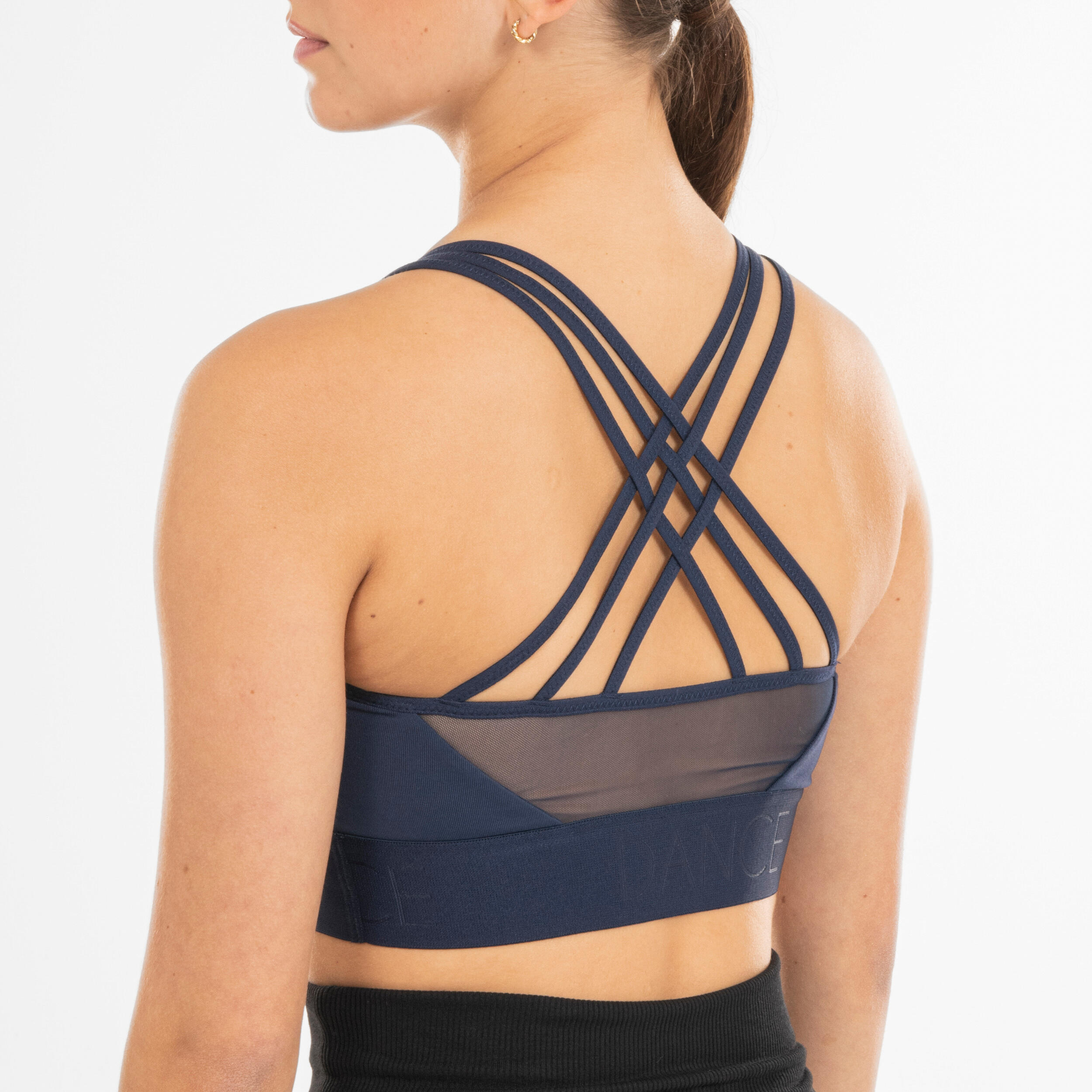 Women's Modern Dance Two-Fabric Removable-Pad Sports Bra - Navy Blue 3/7