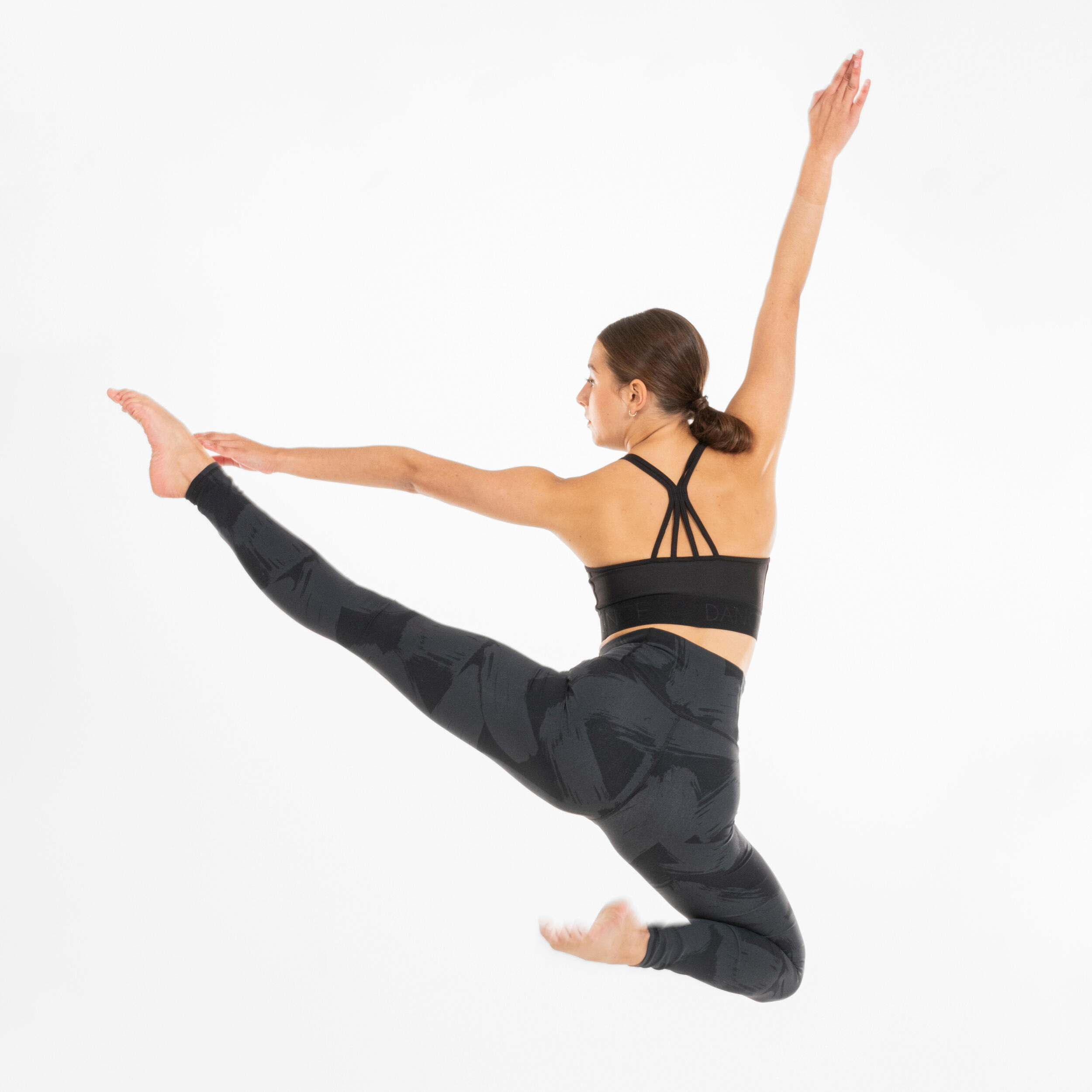 Leggings donna danza traspiranti vita alta nero-grigio 6/7