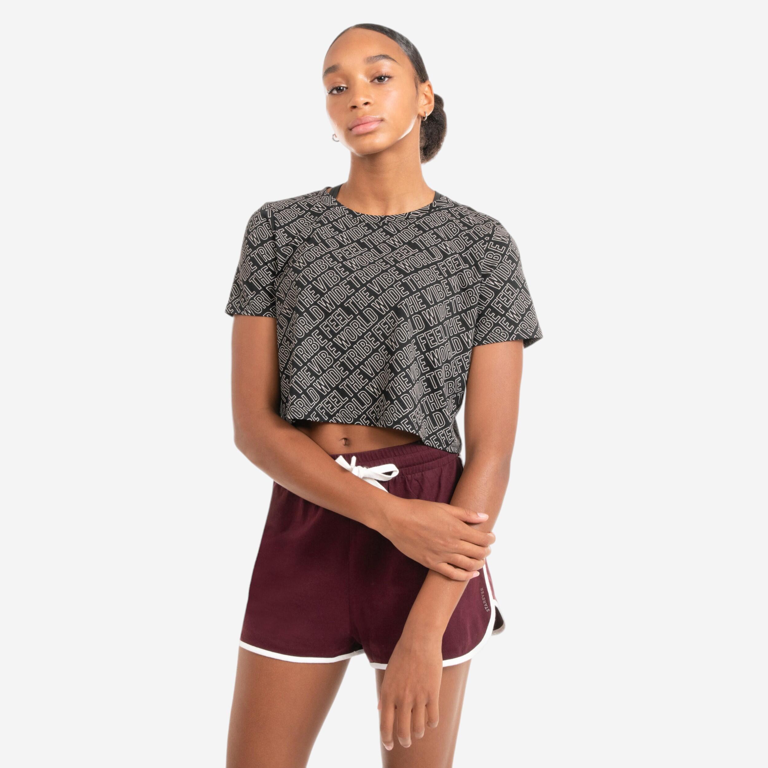 T-Shirt Crop Top Damen - schwarz mit Print