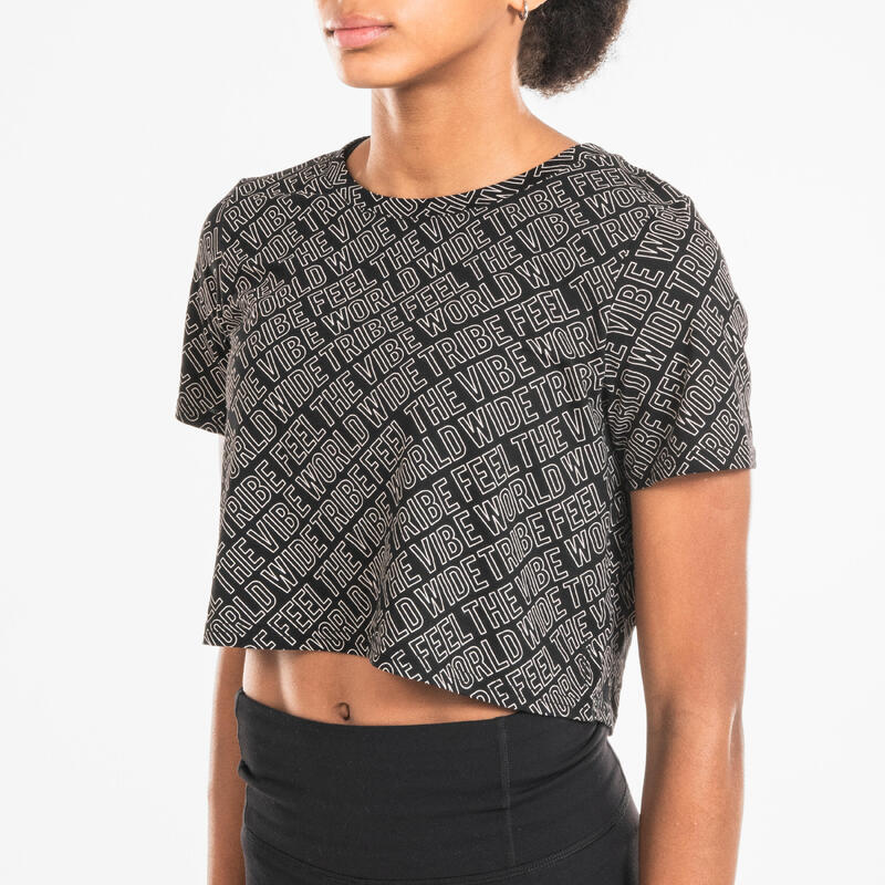 T-Shirt Crop Top Damen - schwarz mit Print