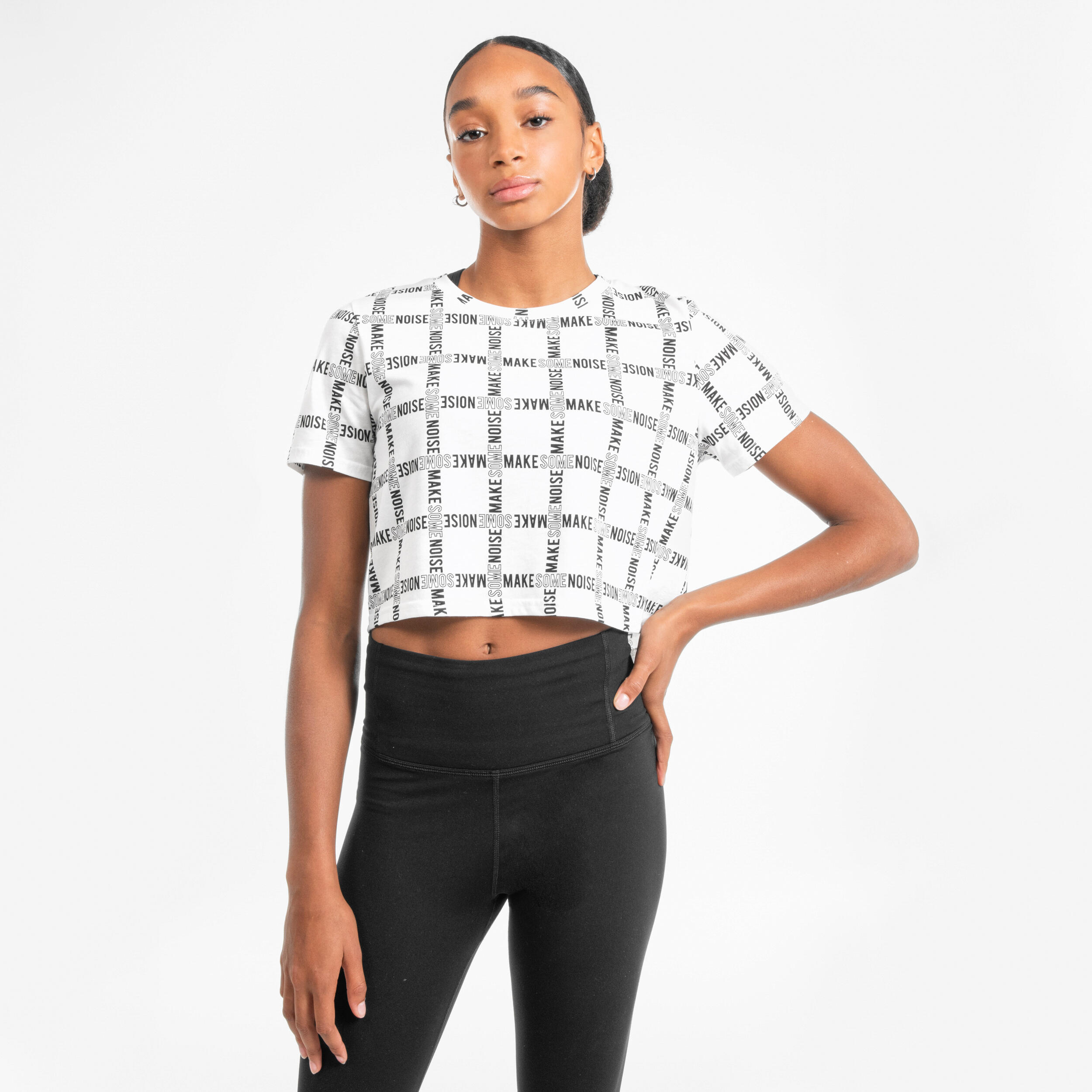 Maglietta donna urban dance crop top nero stampato bianco