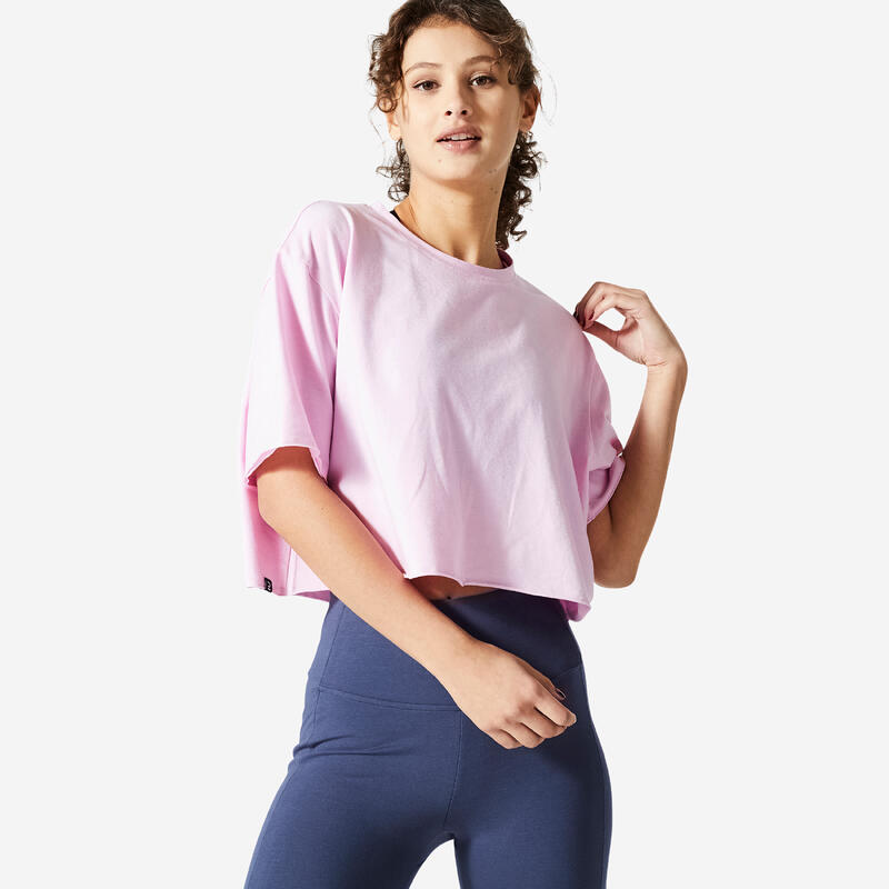 Cropped T-shirt voor fitness dames 520 lichtroze