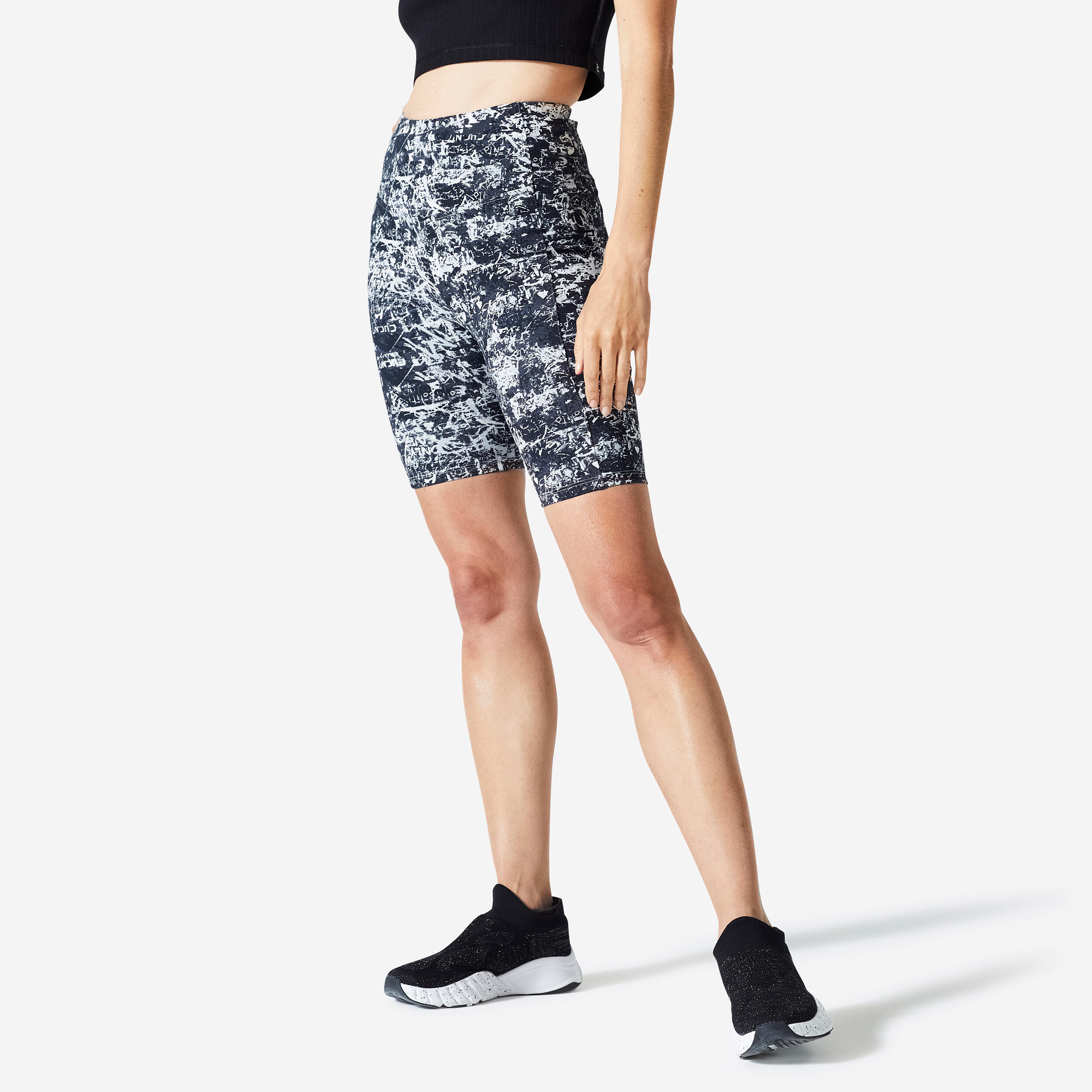 Women's Fitness Cycling Shorts - 520 Printed Asphalt Grey