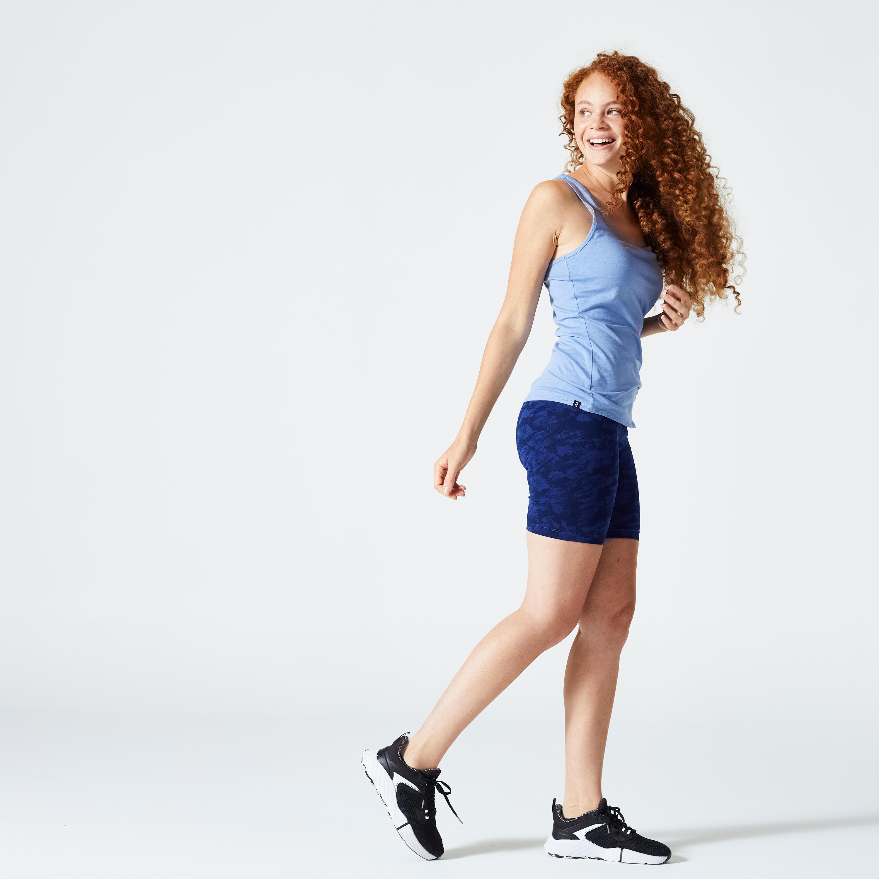Calções Justos de Fitness Mulher 500 Estampado Azul-marinho 4/7