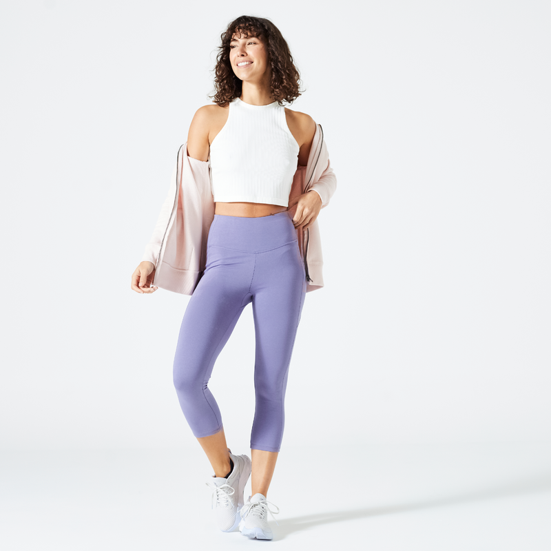 Débardeur CROP TOP Fitness Femme 520 côtelé blanc cassé pour les