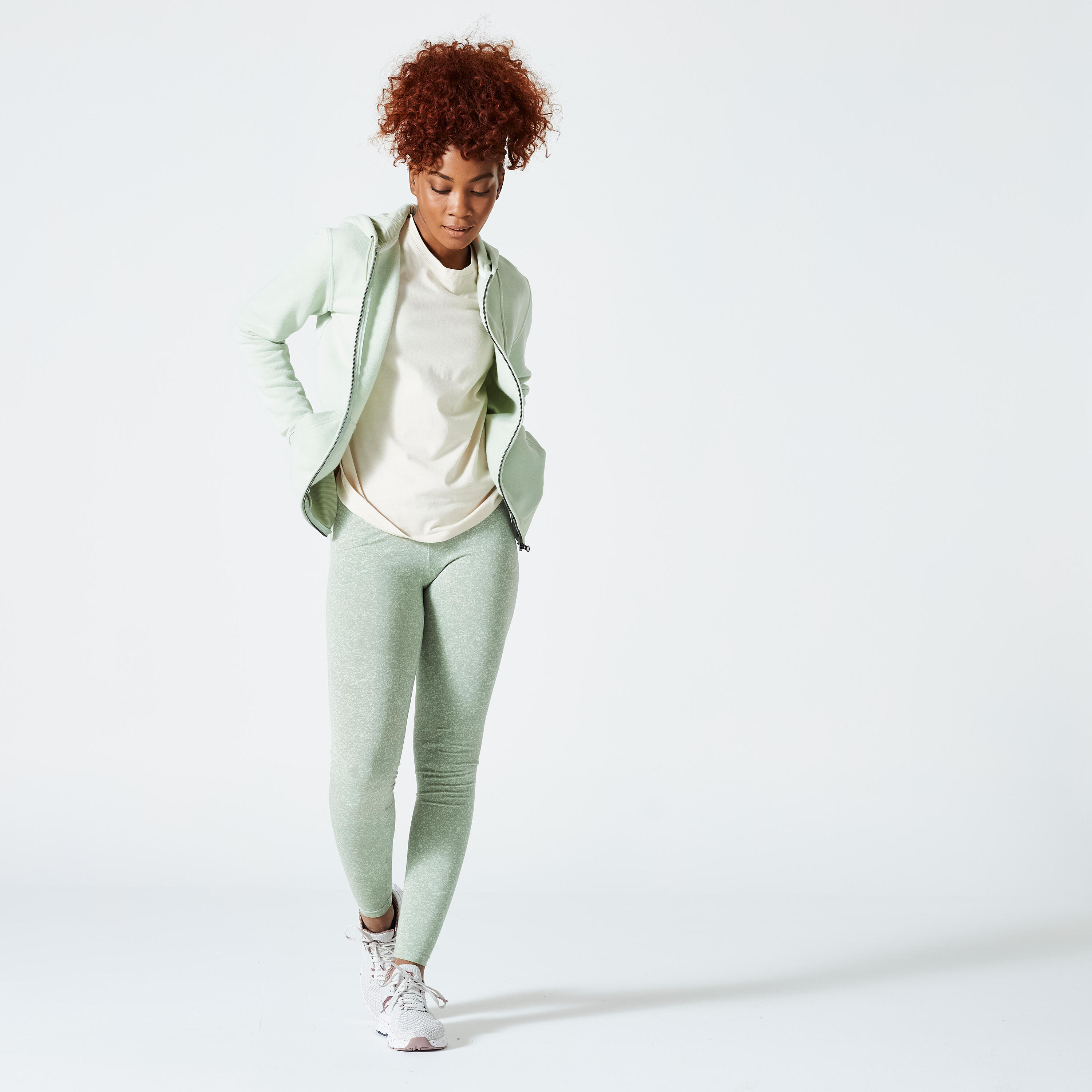 Women's Slim-Fit Fitness Leggings Fit+ 500 - Light Green Print 2/4