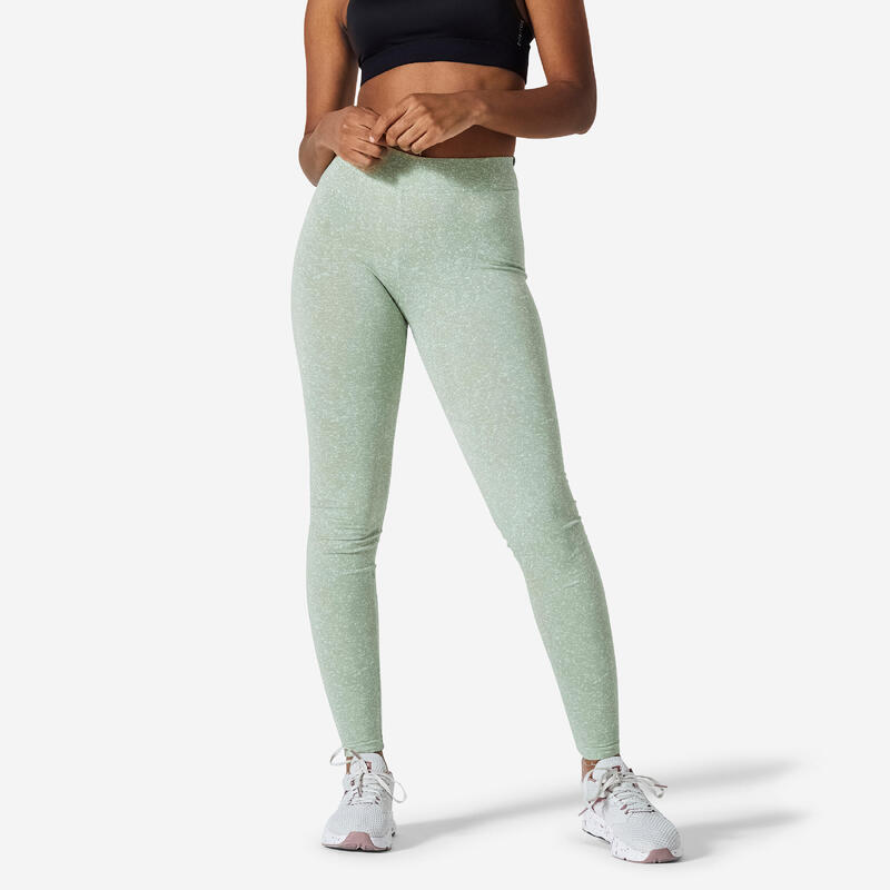 Leggings donna fitness FIT+ 500 vita alta cotone leggero verde chiaro stampati