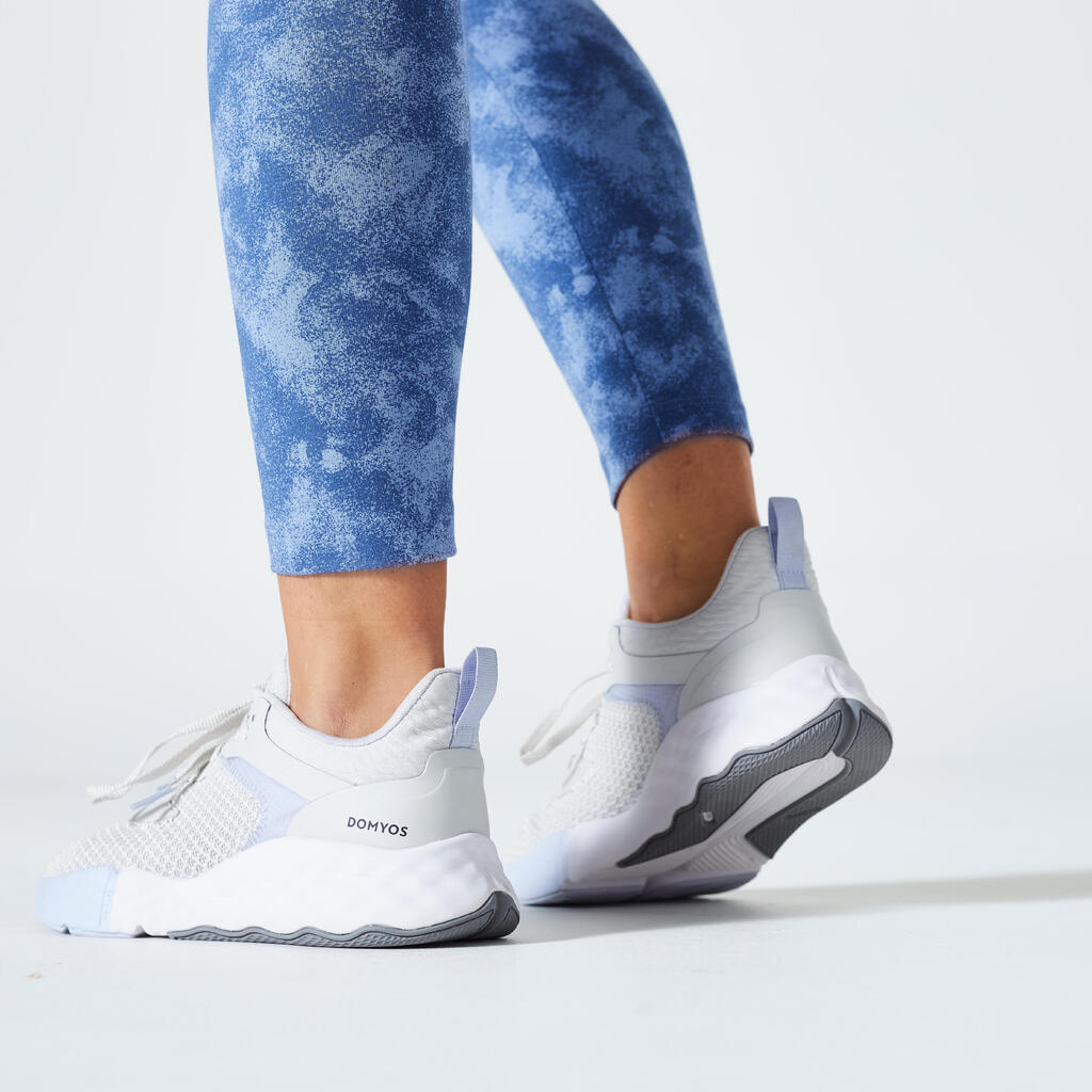 Plave ženske helanke s printom 7/8 za fitnes FIT+ 500