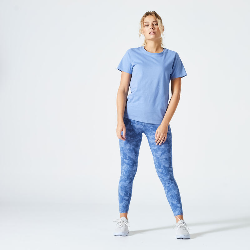 Leggings 7/8 donna fitness FIT+ 500 vita alta cotone leggero azzurri stampati