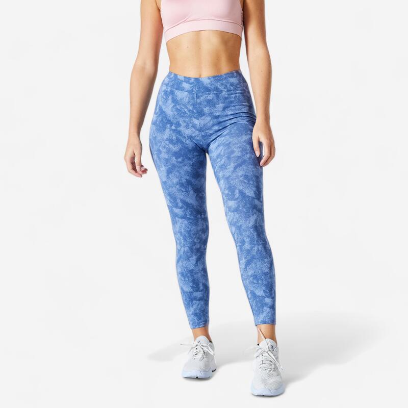 Fitness legging dames Fit+ 500 7/8-lengte blauw met print