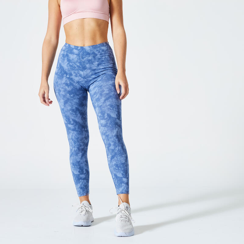 Leggings 7/8 donna fitness FIT+ 500 cotone leggero azzurri stampati