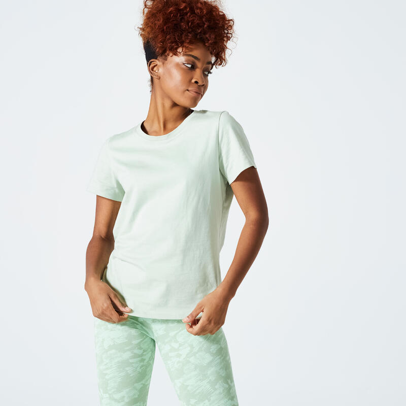 T-shirt donna palestra 500 ESSENTIALS regular fit 100% cotone verde
