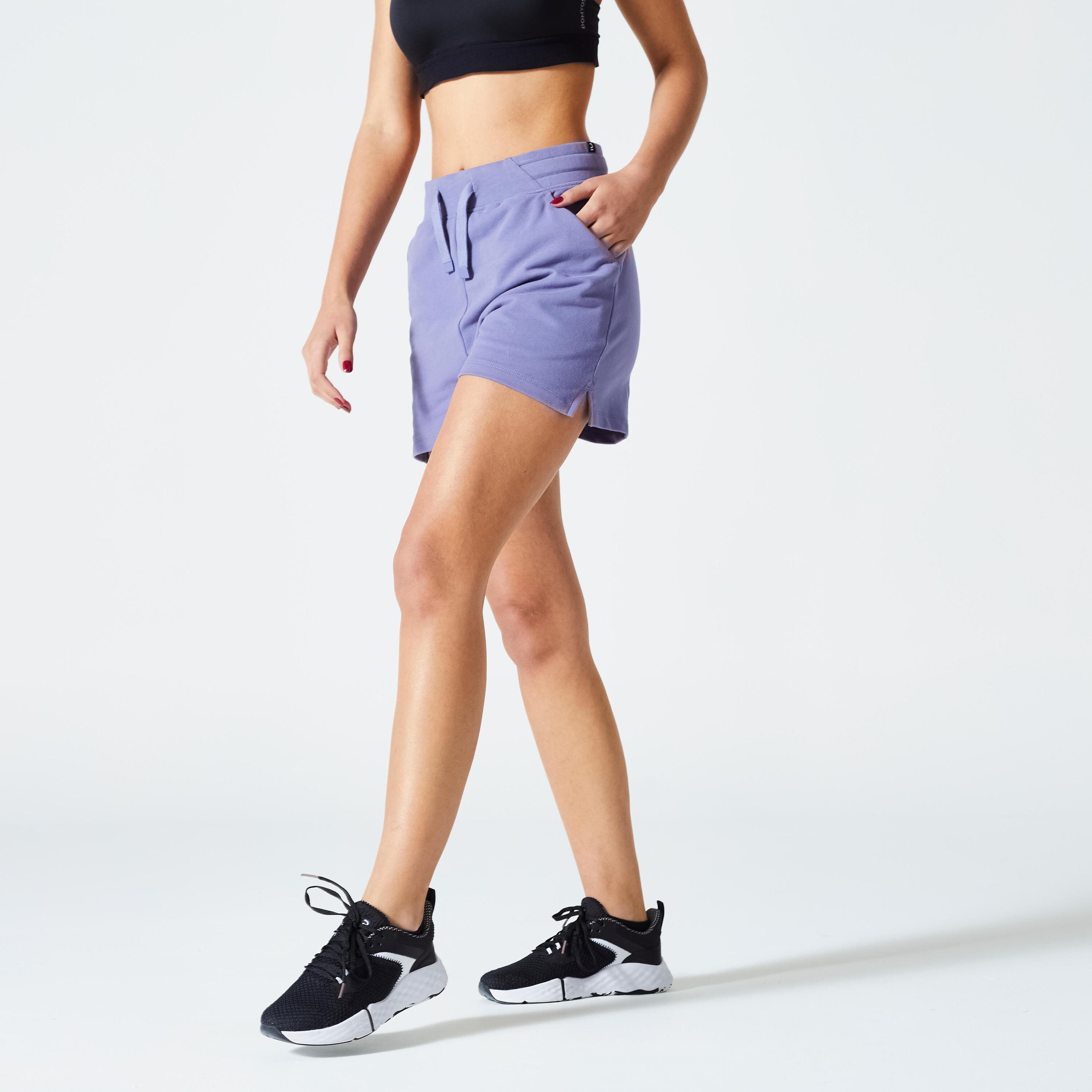 DOMYOS Women's Cotton Fitness Shorts 520 with Pocket - Neon Purple
