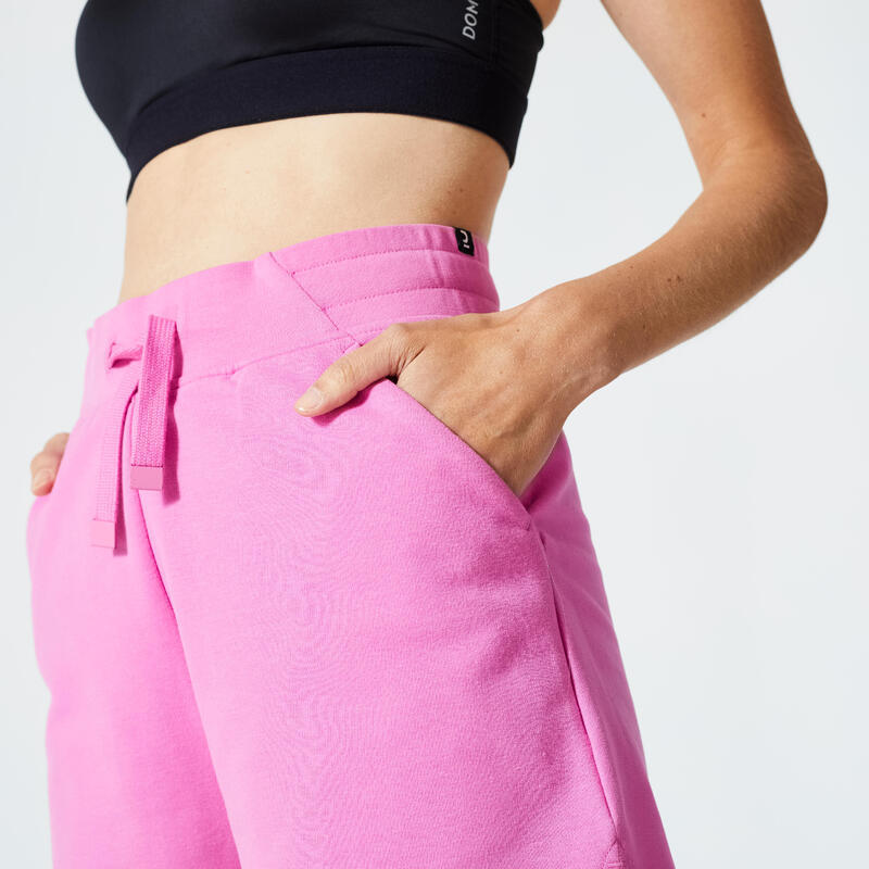 Pantaloncini donna palestra 520 regular fit cotone con tasca rosa