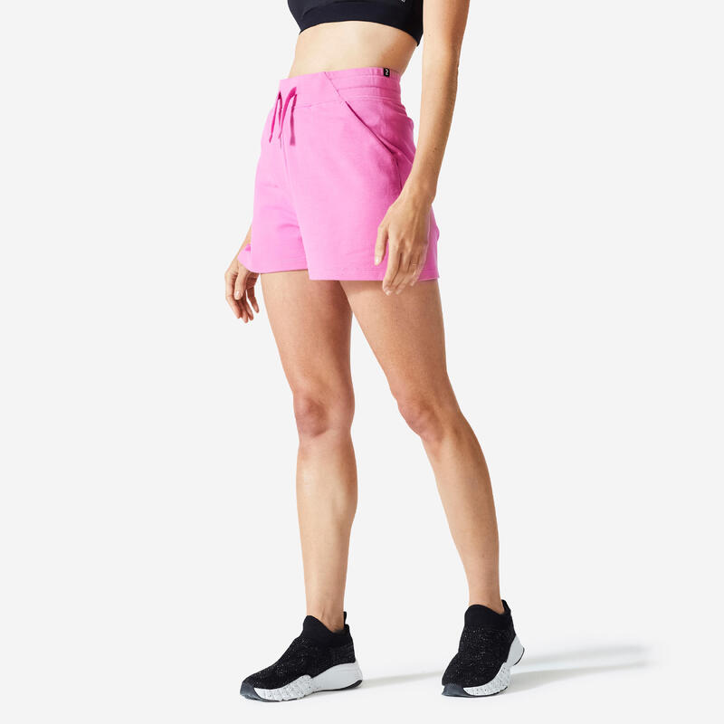 Pantaloncini donna palestra 520 regular fit cotone con tasca rosa