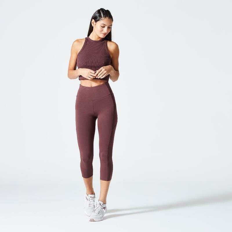 Débardeur CROP TOP Fitness Femme - 520 côtelé Marron acajou