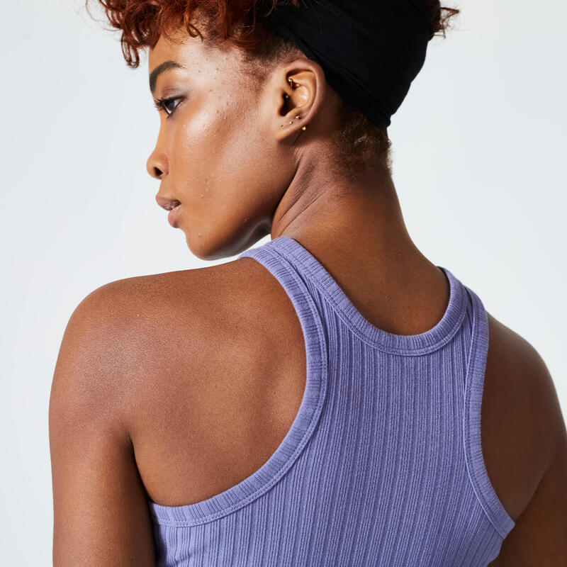 Débardeur CROP TOP Fitness Femme - 520 côtelé Bleu