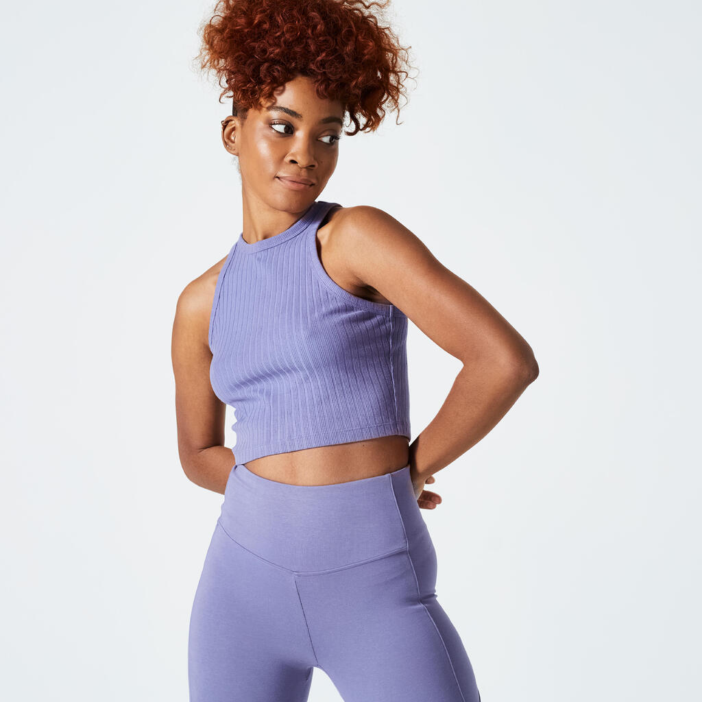 Débardeur CROP TOP Fitness Femme - 520 côtelé blanc cassé