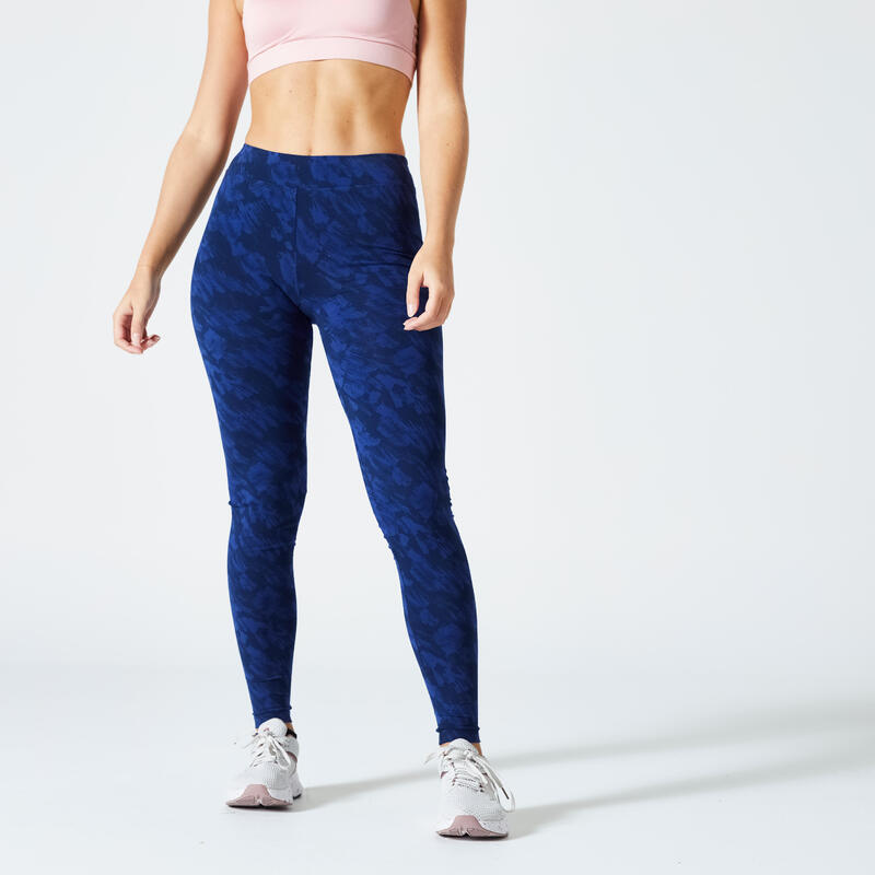 Legging donna fitness FIT+ 500 slim cotone leggero blu con stampa