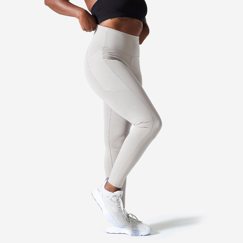 Malla legging fitness largo algodón tiro alto Mujer Domyos 520 gris