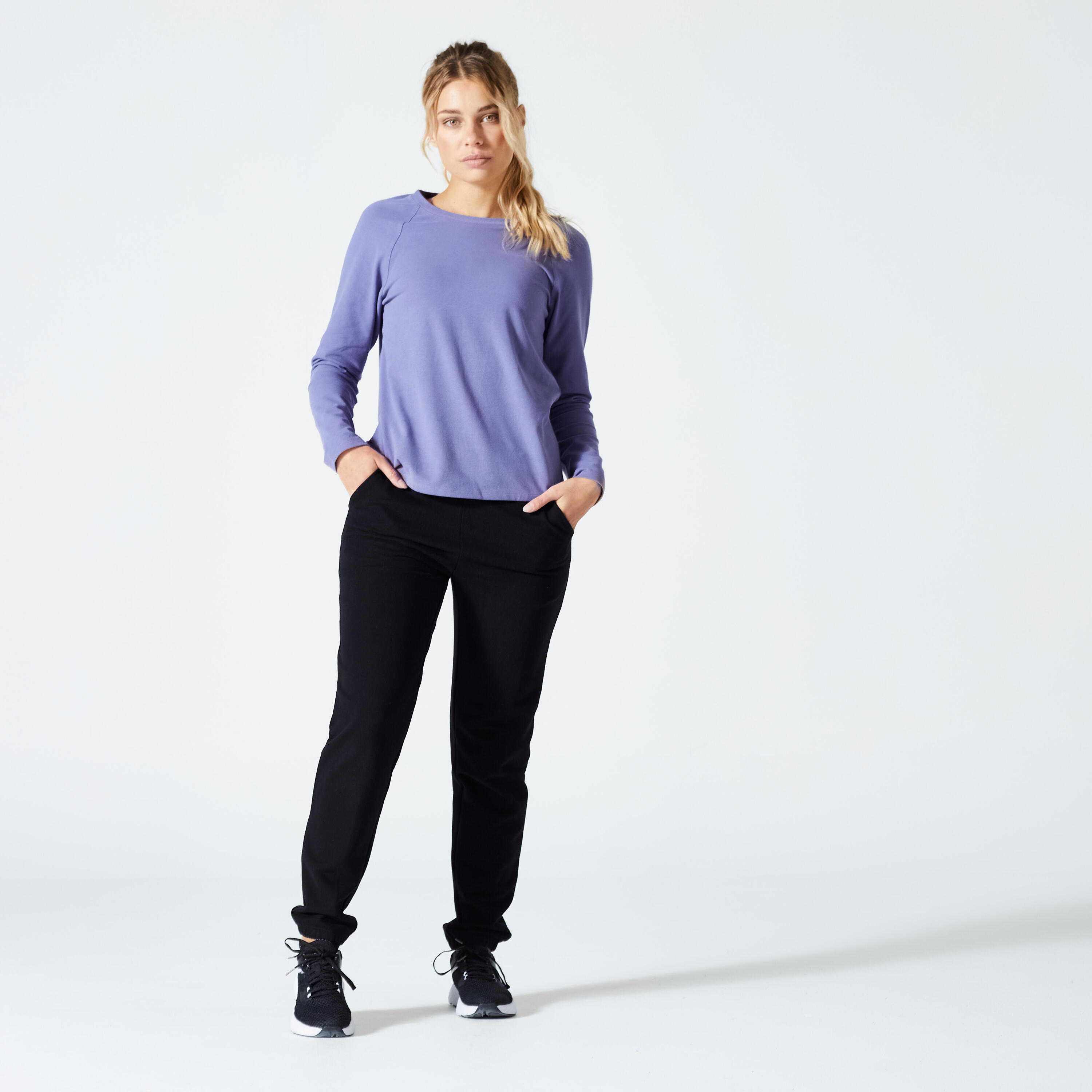 Pantaloni tuta donna palestra 500 slim fit felpati neri 6/8