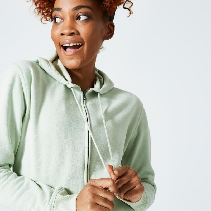 Sweat Zippé à Capuche Fitness Femme - 500 Essentials vert romarin