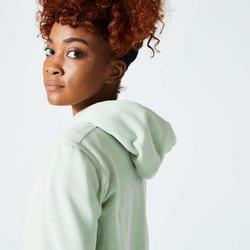 Sweat Zippé à Capuche Fitness Femme - 500 Essentials vert romarin