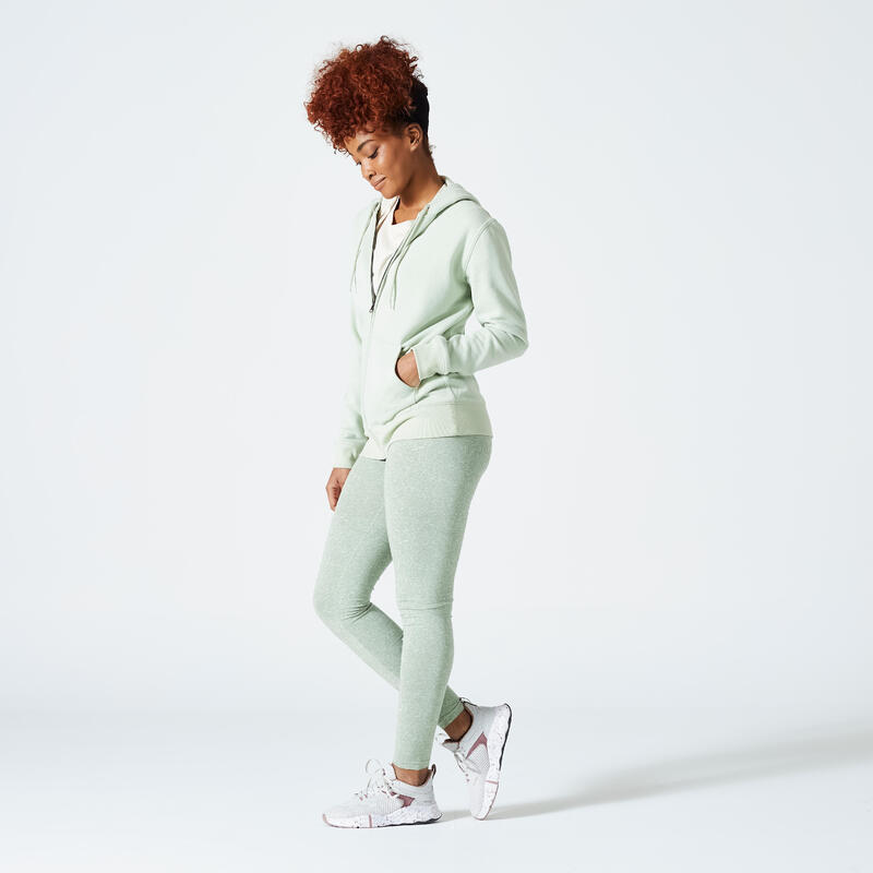 Felpa donna palestra 500 ESSENTIALS con cappuccio e zip pesante verde