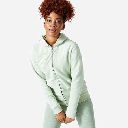 Moteriškas kūno rengybos džemperis su užtrauktuku ir gobtuvu „500 Essentials“, rozmarino žalios spalvos