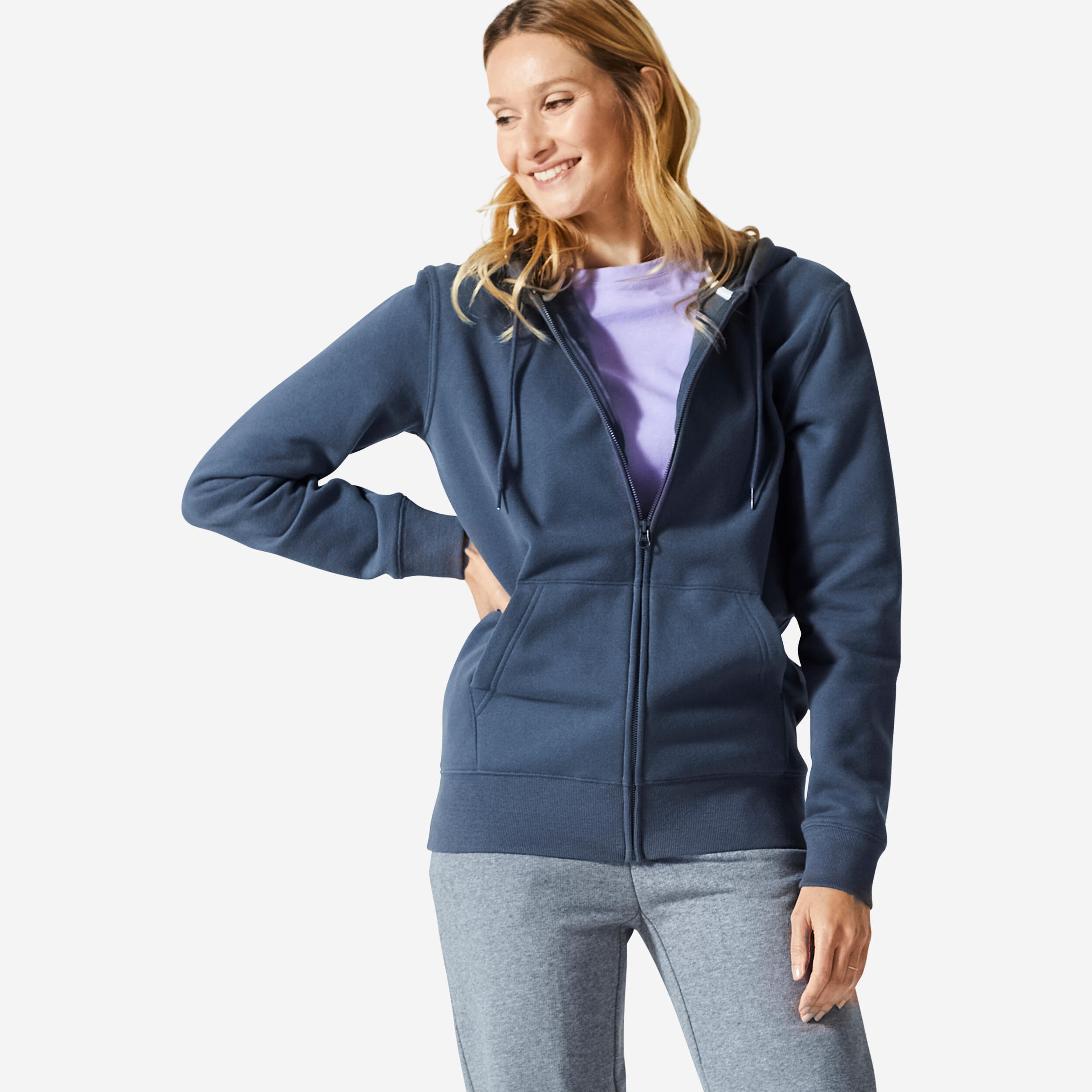 Women's Zip-Up Fitness Sweatshirt 500 Essentials - Abyss Grey 1/5