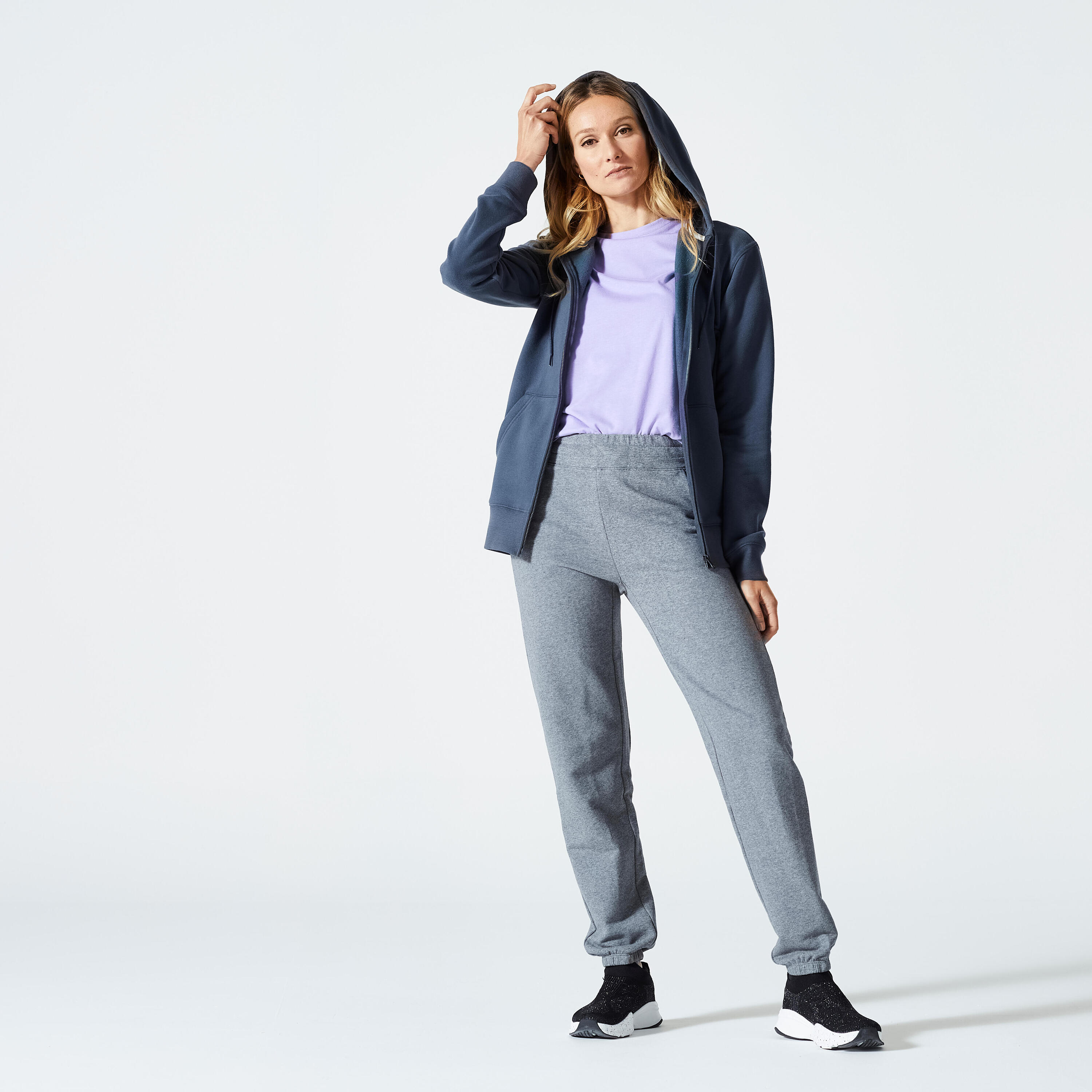 Women's Zip-Up Fitness Sweatshirt 500 Essentials - Abyss Grey 2/5
