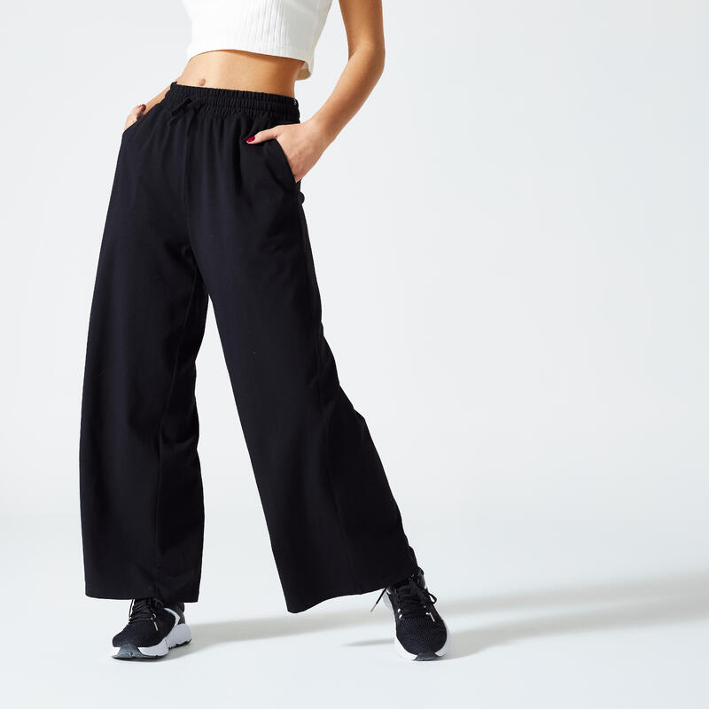 Pantaloni donna fitness 520 ampi misto cotone leggeri neri