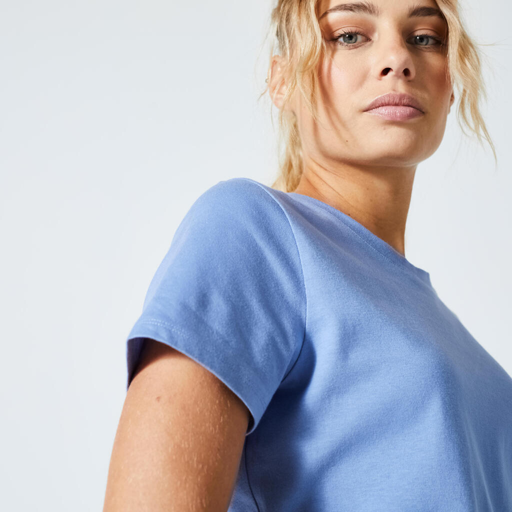 Playera de fitness de algodón de cuello redondo amarillo pastel para mujer
