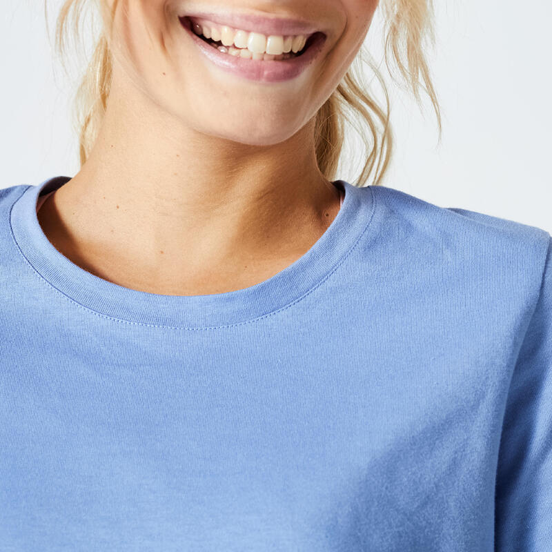 T-shirt donna palestra 500 ESSENTIALS regular fit 100% cotone azzurra