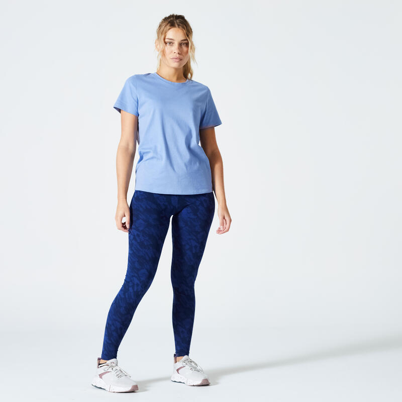 T-shirt donna palestra 500 ESSENTIALS regular fit 100% cotone azzurra